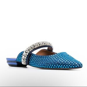 KURT GEIGER Princely Crystal Embellished Mule in Blue Satin